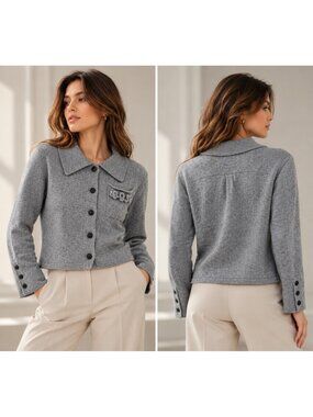 Women's 100% Cashmere Collared Button Front Cardigan Gray Size L
